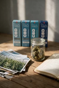 Stack of photographs of hemp greenhouses on an oak table, a jar of dried flowers, an open notebook and Sublime CBD oil boxes in the background