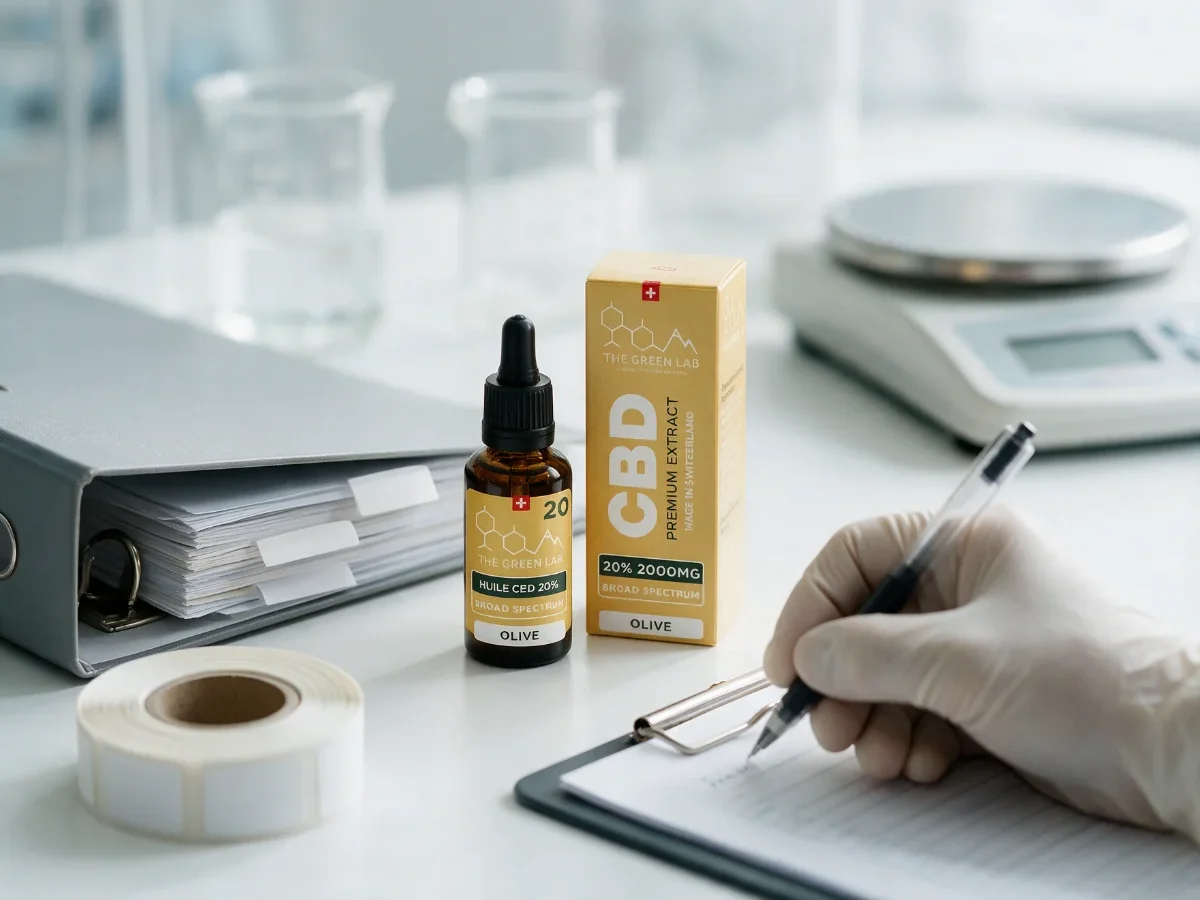 Faltschachtel und Flasche CBD-Öl Broad Spectrum 20 % Olive auf einem weissen Labortisch, neben einem Ordner und einer behandschuhten Hand, die ein Formular ausfüllt