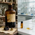 Antique apothecary bottle with a yellowed label and a piece of resin on paper, next to a modern sample vial and a Petri dish containing a golden distillate on a white lab bench