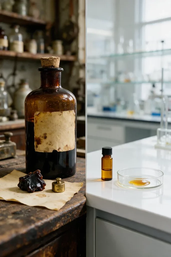 Alte Apothekerflasche mit vergilbtem Etikett und ein Stück Harz auf Papier, neben einem modernen Probenfläschchen und einer Petrischale mit goldenem Destillat auf einem weissen Labortisch