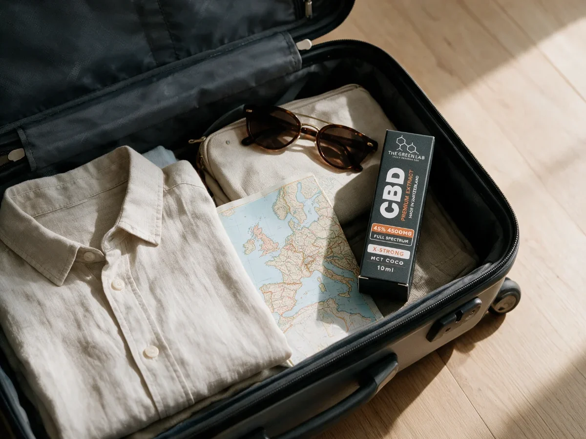Offener Koffer mit Leinenhemd, Sonnenbrille, Europakarte und einer Faltschachtel CBD-Öl X-Strong 45 %