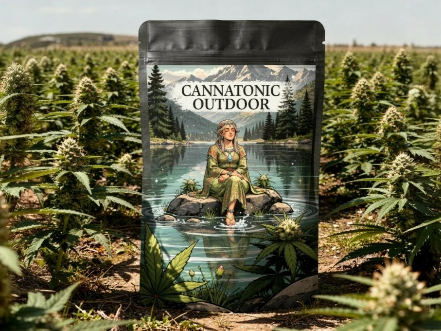 Sachet de fleurs CBD Cannatonic Outdoor au milieu d'une culture de chanvre