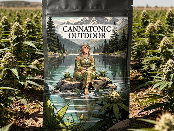 Sachet de fleurs CBD Cannatonic Outdoor au milieu d'une culture de chanvre