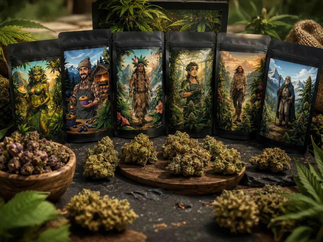 Sachets de fleurs CBD et fleurs séchées sur une table en bois