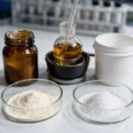 Zwei Petrischalen auf einem weissen Labortisch, eine mit cremefarbenem CBDA-Pulver, die andere mit weissem kristallinem CBD-Pulver, ein Kolben mit bernsteinfarbenem Öl auf einem Heizpilz und Analysefläschchen im Hintergrund