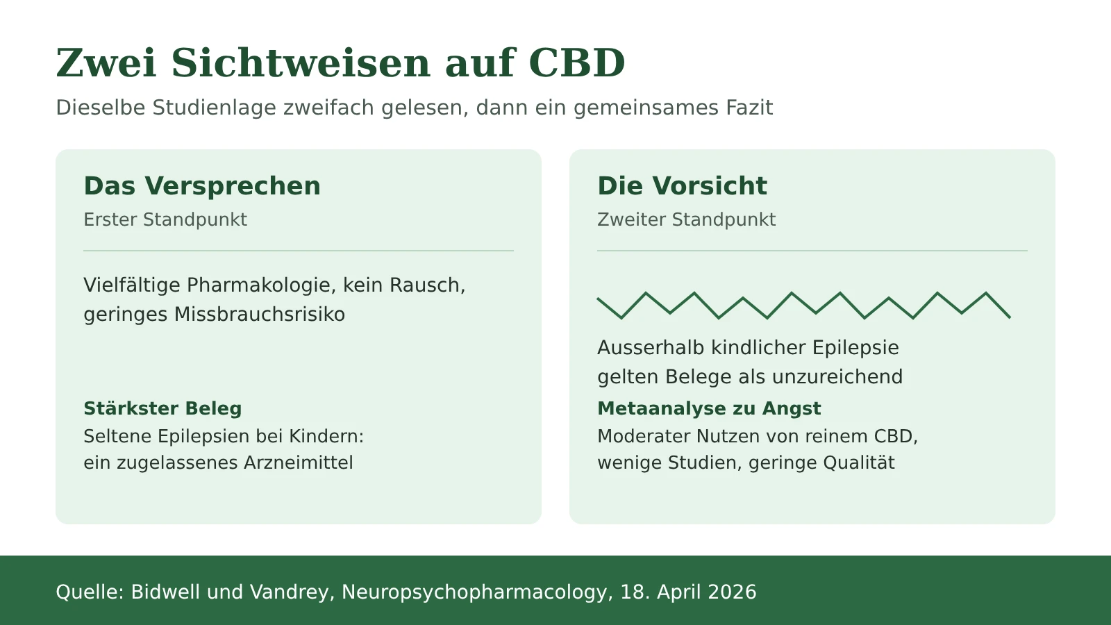 Schema: die zwei Sichtweisen auf CBD, Versprechen und Vorsicht