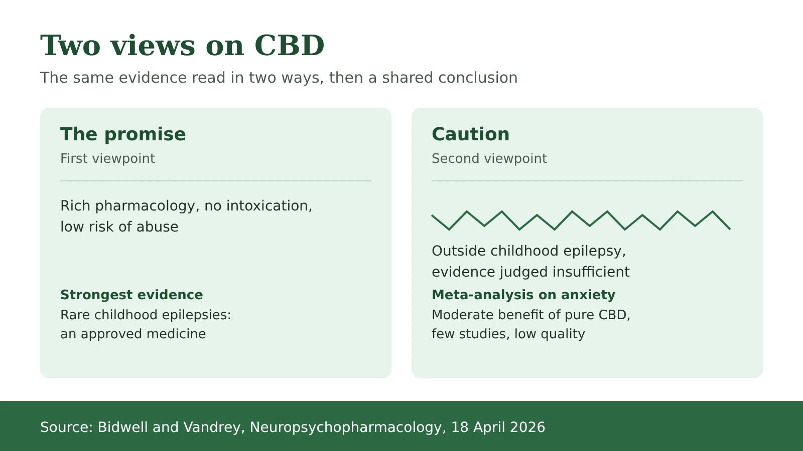Diagram: the two views on CBD, promise and caution