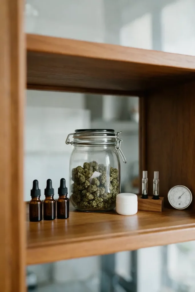 Half-open wooden cupboard with amber bottles, an airtight jar of CBD flowers, a jar of balm, upright cartridges and a thermometer-hygrometer