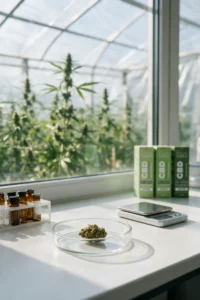 Hemp flower in a Petri dish, sample vials and a scale on a lab bench, Chanvre CBD oil boxes and a hemp greenhouse in the background