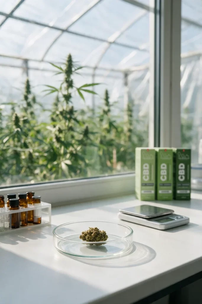 Hemp flower in a Petri dish, sample vials and a scale on a lab bench, Chanvre CBD oil boxes and a hemp greenhouse in the background