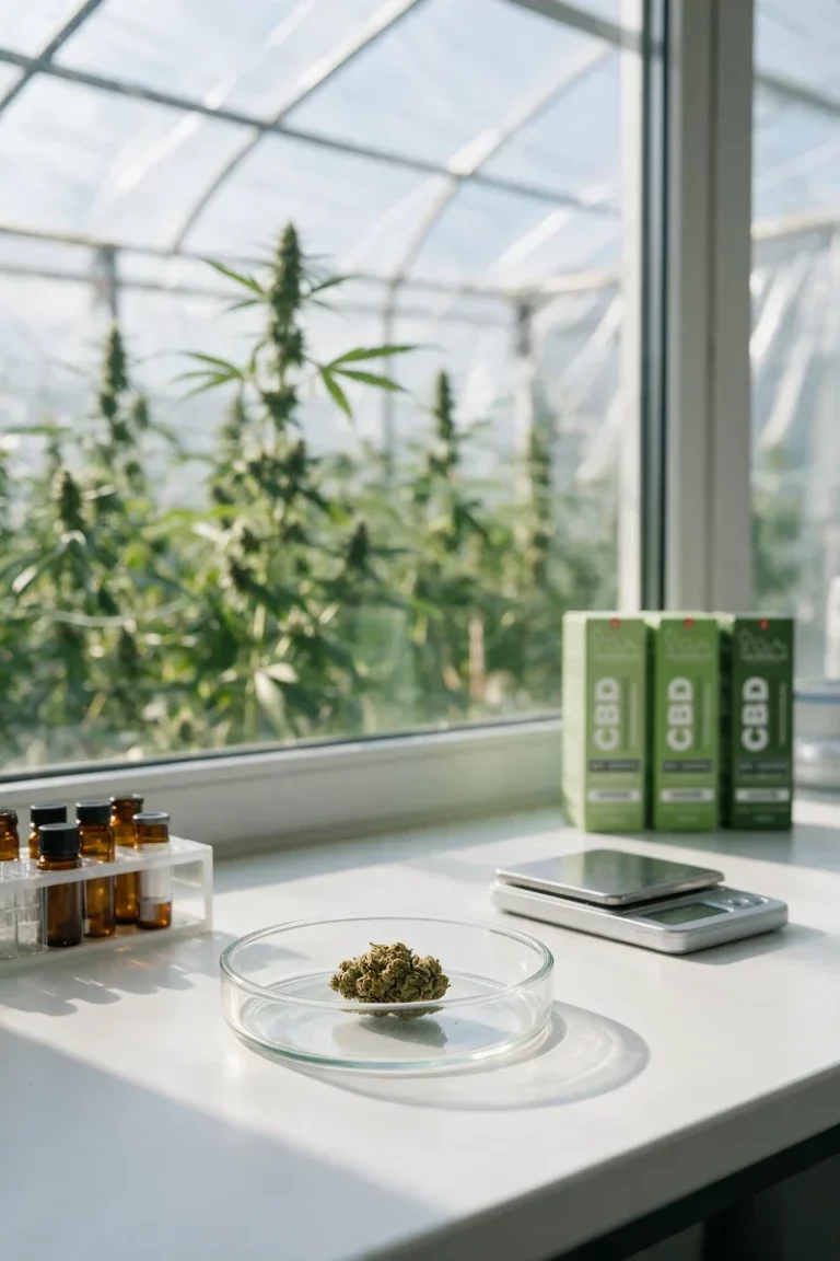 Hemp flower in a Petri dish, sample vials and a scale on a lab bench, Chanvre CBD oil boxes and a hemp greenhouse in the background