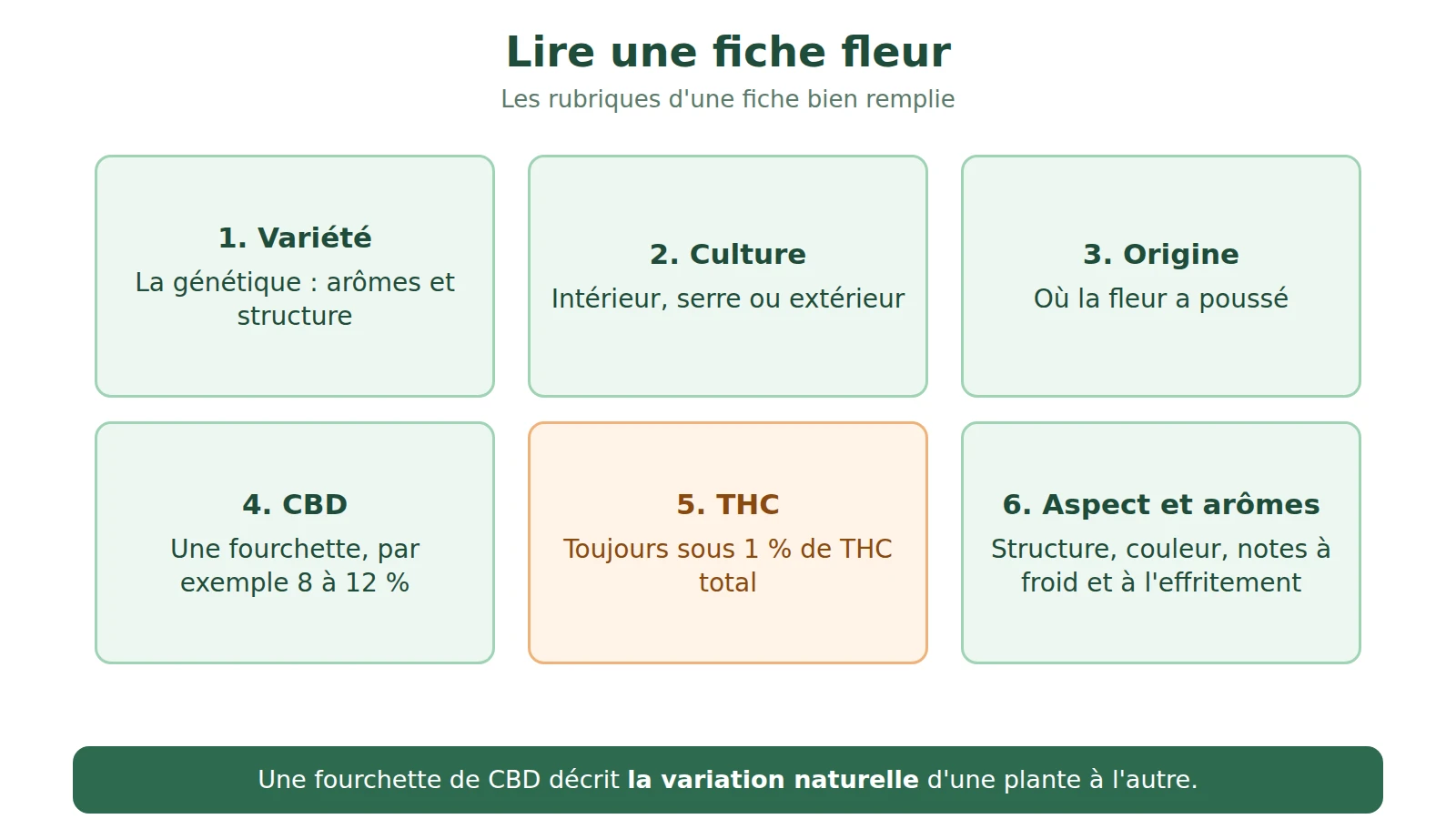 Schéma d'une fiche fleur avec ses rubriques : variété, culture, origine, CBD en fourchette, THC sous 1 %, aspect et arômes