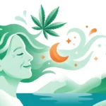 Illustration: serene face of a sleeping older person, orange moon, hemp leaf, molecule and mountains by a lake