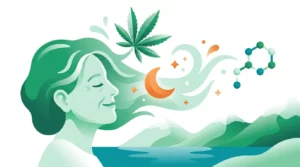Illustration: serene face of a sleeping older person, orange moon, hemp leaf, molecule and mountains by a lake