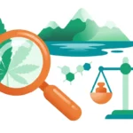 Illustration: orange magnifying glass over a hemp leaf, balanced scales, molecule and mountains by a lake