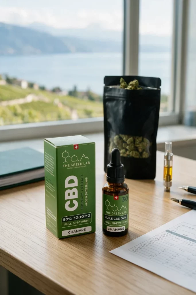 Étui et flacon d'huile CBD Chanvre 30 % sur un bureau en chêne, avec un sachet de fleurs de CBD, une cartouche de vape et un classeur, vue floue sur le Léman et les vignes