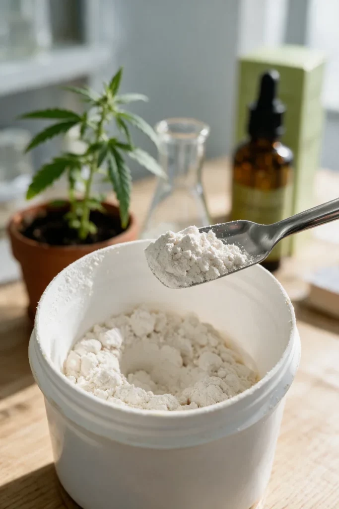 Pot blanc de poudre de CBG blanc cassé avec une spatule sur une paillasse en chêne clair, un jeune plant de chanvre en pot et, en arrière-plan flou, un flacon d'huile CBD et son étui vert