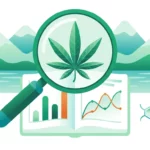 Illustration: magnifying glass over a scientific journal revealing a hemp leaf, charts, a molecule, mountains and a lake