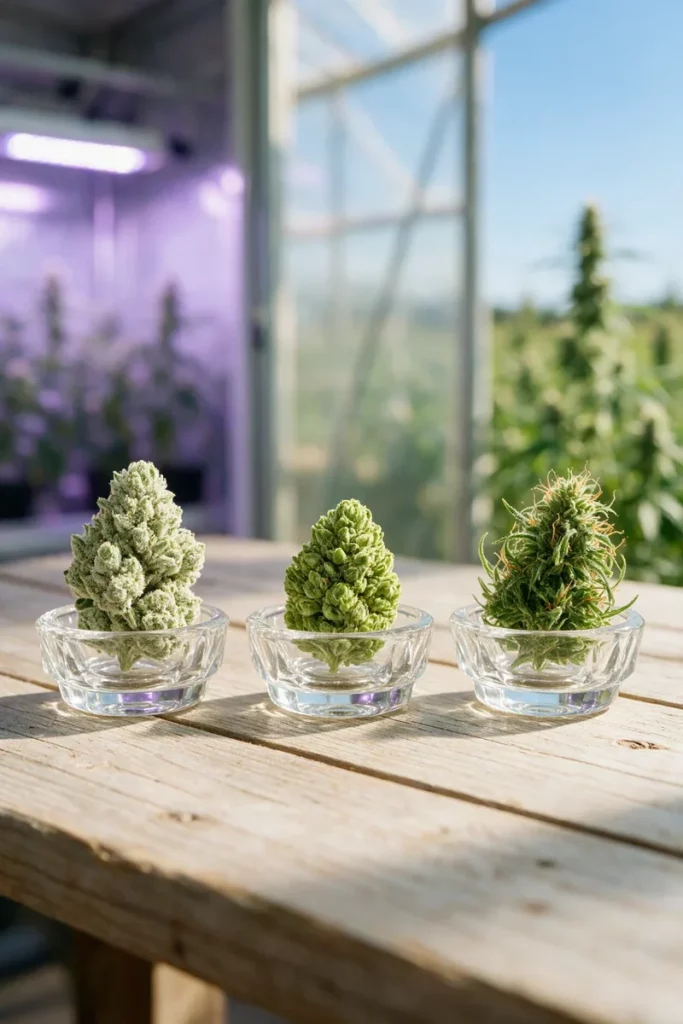 Trois coupelles de fleurs de chanvre séchées sur une table en bois, devant une salle de culture sous lampes, une serre et un champ de chanvre