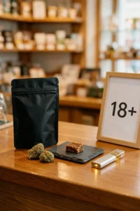 Comptoir en bois d'une boutique avec un sachet de fleurs CBD, un morceau de hash sur une ardoise, une vape et un petit cadre 18+