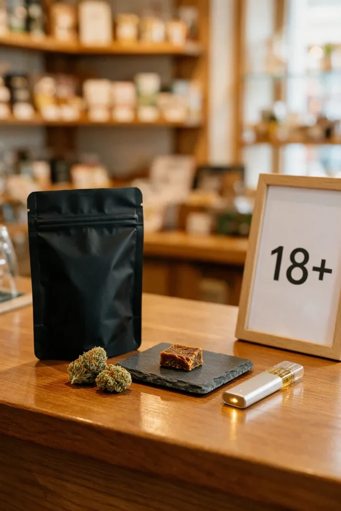 Comptoir en bois d'une boutique avec un sachet de fleurs CBD, un morceau de hash sur une ardoise, une vape et un petit cadre 18+