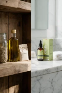 Étagère en bois avec graines, huile et farine de chanvre à côté d'un plan de toilette en marbre avec l'étui et la fiole d'huile CBD Chanvre 10 %