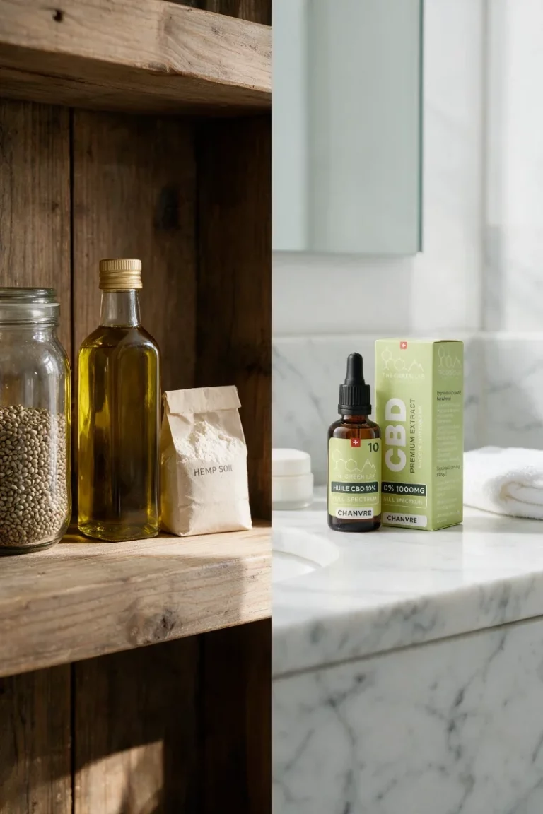 Étagère en bois avec graines, huile et farine de chanvre à côté d'un plan de toilette en marbre avec l'étui et la fiole d'huile CBD Chanvre 10 %