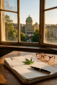 Bureau avec un projet de loi, des lunettes, un stylo et une feuille de chanvre, le Palais fédéral de Berne visible par la fenêtre