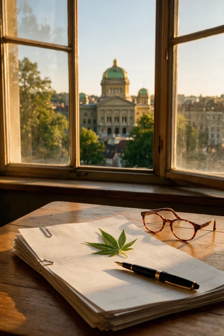Bureau avec un projet de loi, des lunettes, un stylo et une feuille de chanvre, le Palais fédéral de Berne visible par la fenêtre