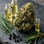 Fleur de chanvre séchée couverte de trichomes sur une ardoise, avec de petites fioles d'huiles essentielles jaune pâle, des aiguilles de pin, des grains de poivre noir et un brin de romarin