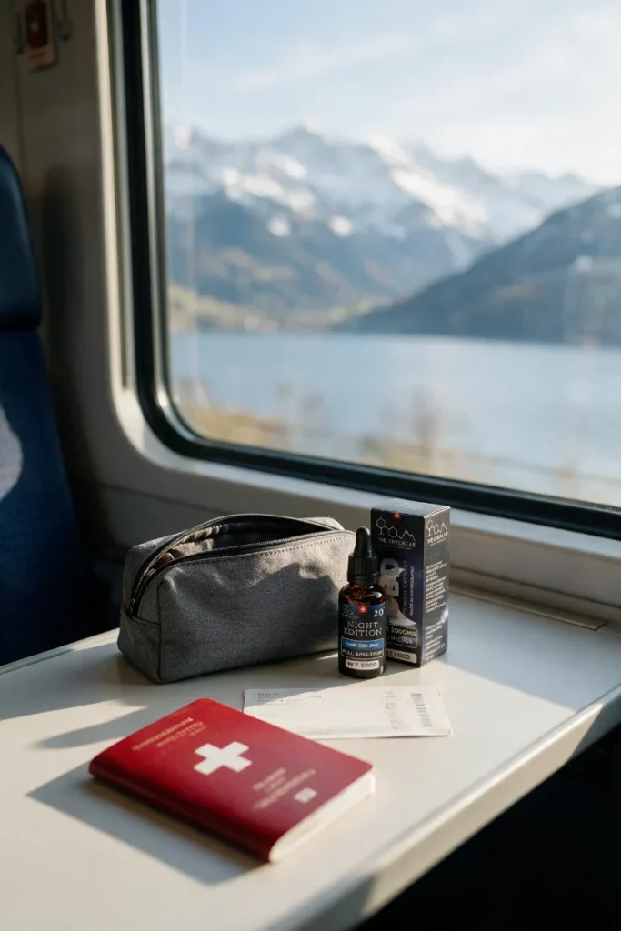 Table d'un train suisse avec un passeport, un billet et une trousse de toilette ouverte à côté de l'étui et de la fiole d'huile CBD Night Edition, lac et montagnes par la fenêtre