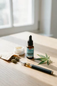 CBD oil dropper bottle, open jar of balm, pouch of CBD flowers and a cartridge screwed onto a battery, on an oak table near a window