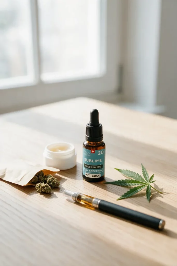 CBD oil dropper bottle, open jar of balm, pouch of CBD flowers and a cartridge screwed onto a battery, on an oak table near a window