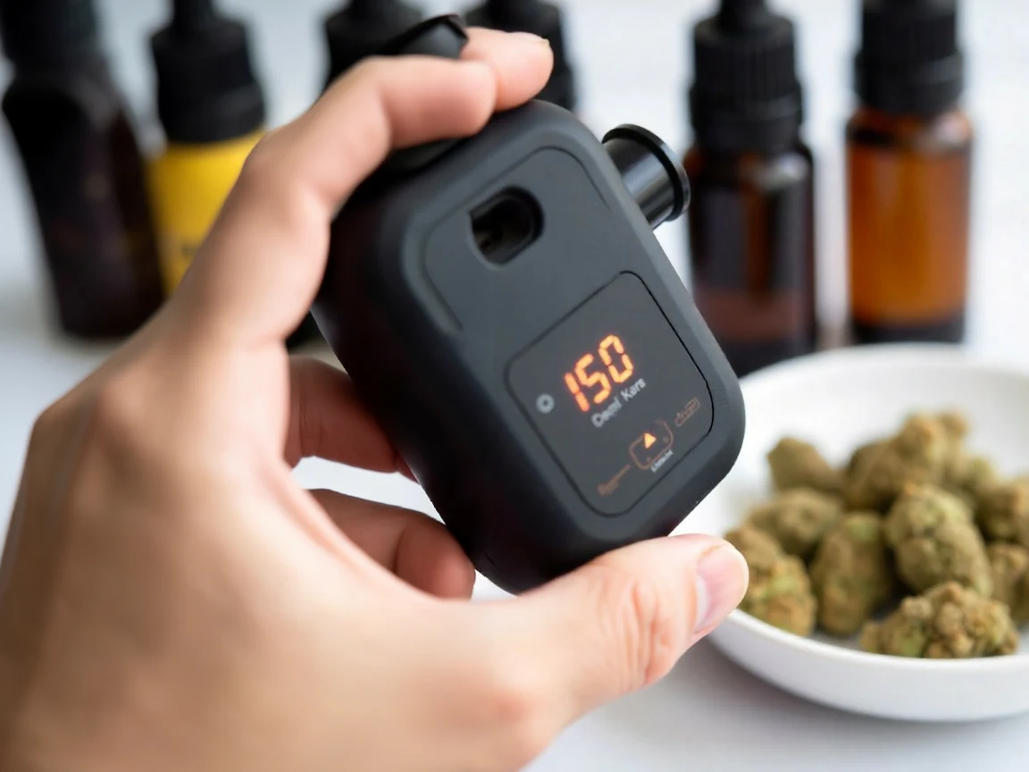 Vaporizer und CBD-Blüten in einer kleinen Schale