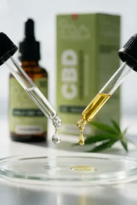 Two glass pipettes, one releasing a clear water drop and the other a thinner golden oil drop, above a Petri dish, with a The Green Lab Hemp CBD oil bottle and box in the background